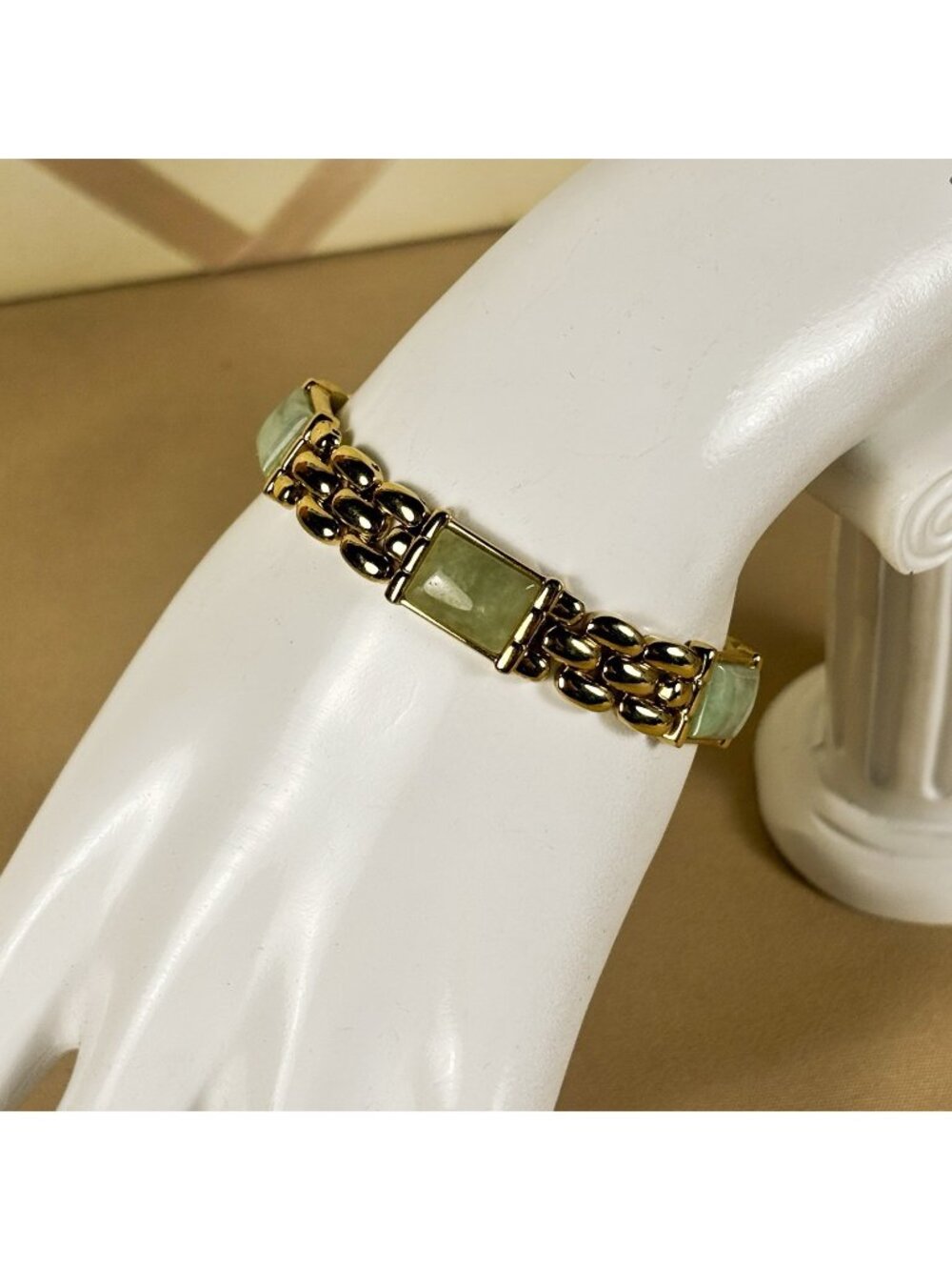 VTG Nephrite Jade Gold Tone Link Bracelet Rectangular Inlay Tested A86